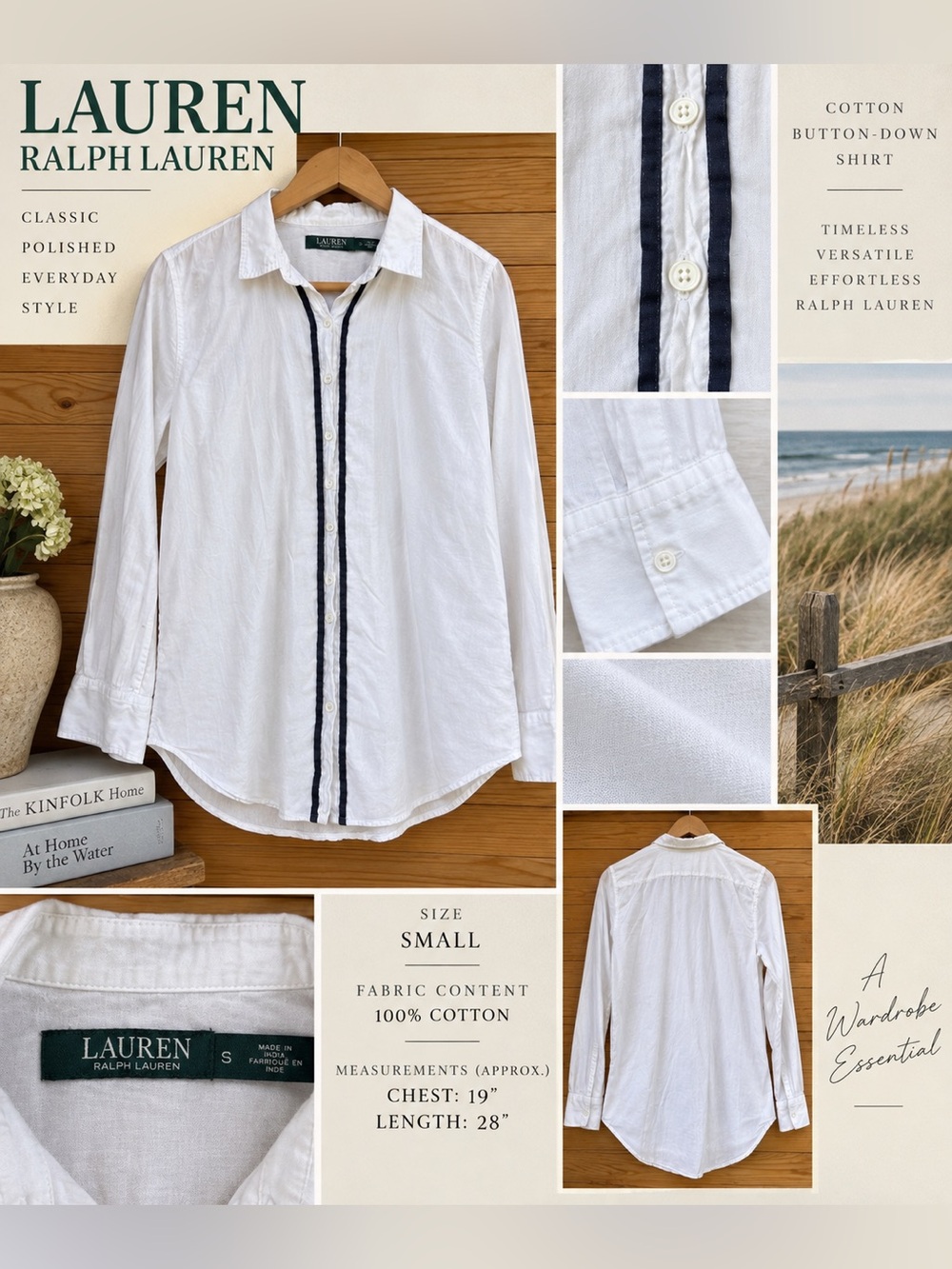 Lauren Ralph Lauren Cotton Button Down Shirt Navy Trim Small Coastal Preppy